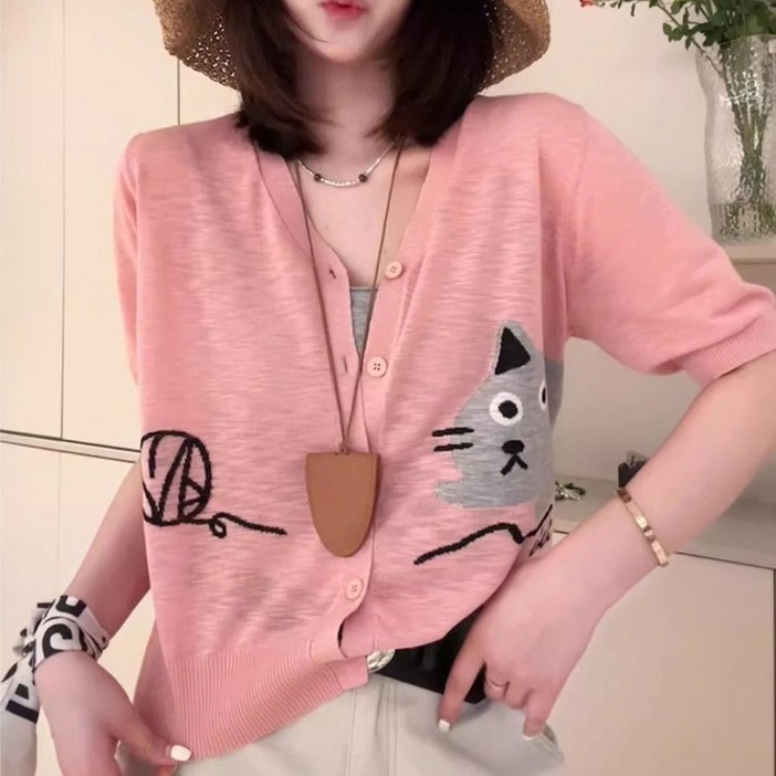 지고다그 여성용 고양이 자수 반팔 카디건 브이넥 버튼탑 ZXC40356