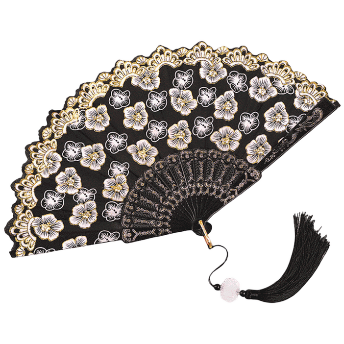 플라워 패턴 태슬 휴대용 럭셔리 부채, 화이트, 1개