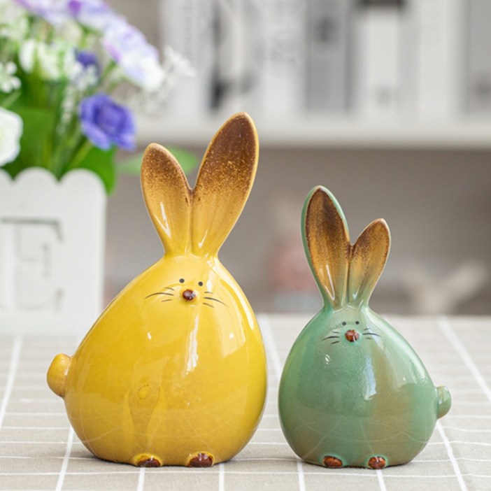 토끼 도자기 2P세트 선반장식 인형 마당 거실 원룸 선반 장식품 집들이 생일 선물 인테리어 소품