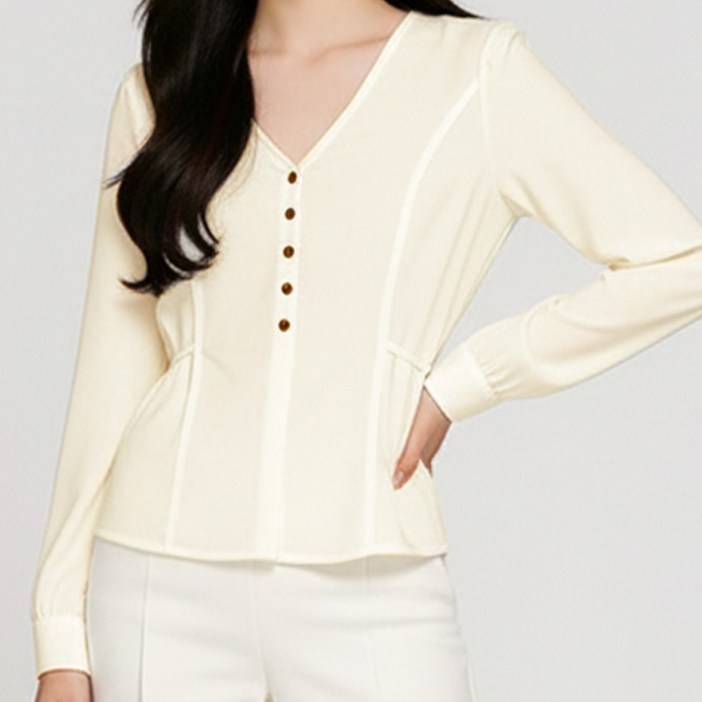 클레이스 브이넥 단추포인트 허리라인 블라우스