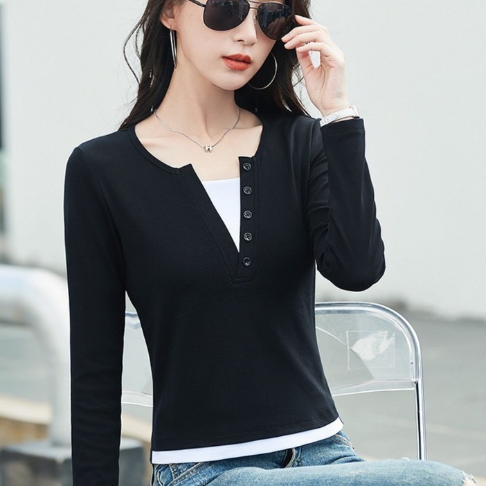 라부라카 간절기 여성 페이크 투피스 긴팔 티셔츠 100면티 브이넥 티셔츠 여성 봄가을 상의 골프웨어