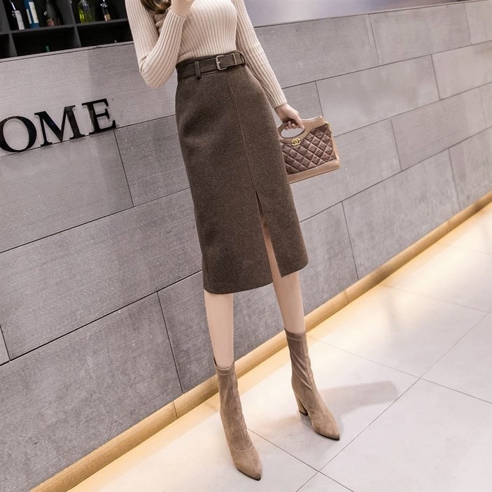 벨트 세트 겨울 여성 스커트 미디 길이 앞트임 울 모직 H라인 스커트LZZ