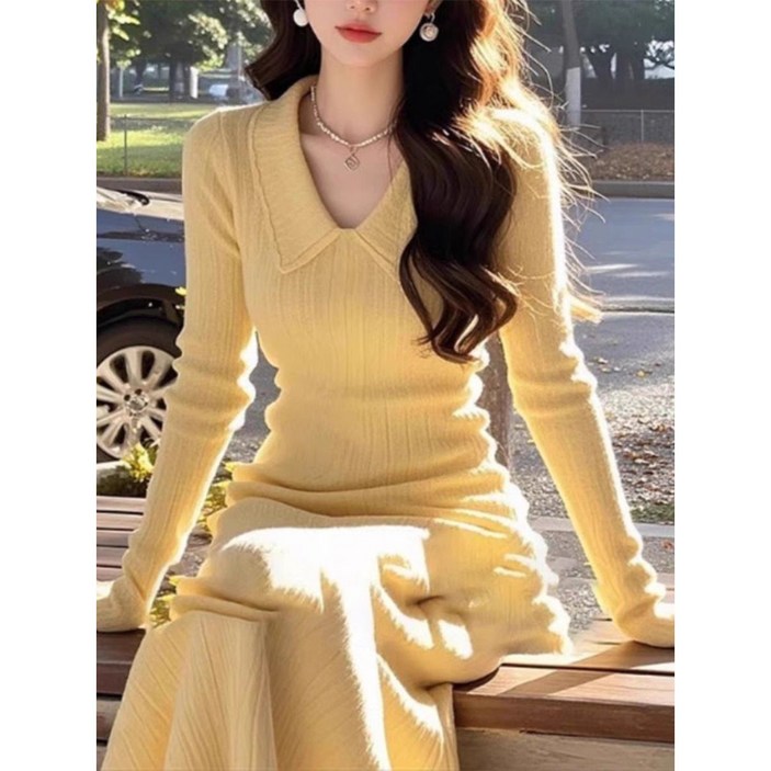 옐로우 브이넥 카라 골지 니트 원피스