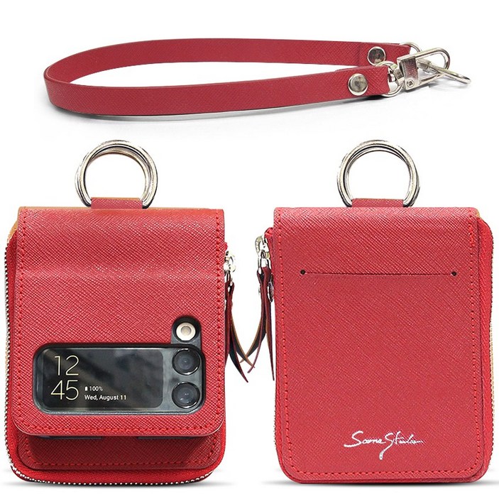 빨강네일 샬럿 지폐카드수납형 Z플립 케이스 D링 갤럭시Z플립3 손목줄스트랩 핸드폰케이스 갤럭시Z플립3 케이스 F711 F716