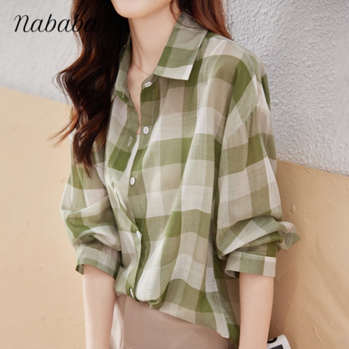 나바바 NB879 여성 캐주얼 산뜻 체크 얇은 긴팔 셔츠 - 투데이밈