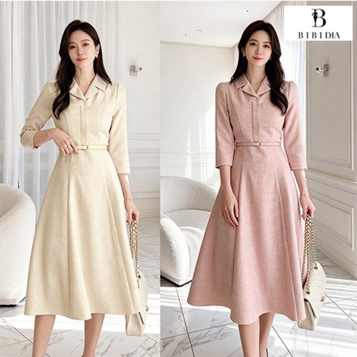 비비디아  여성 원피스 고급원단 슬림핏 하객룩 오피스룩 정장 A라인 롱치마 벨트포함  (S~2XL) 5599