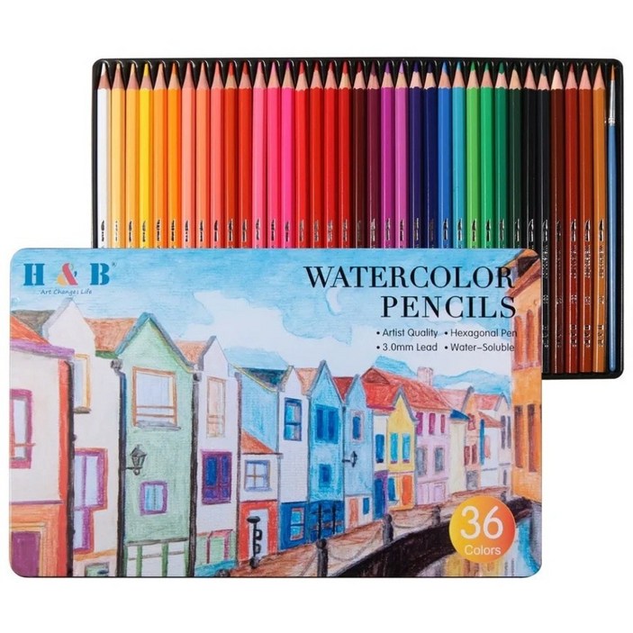 HB문화사 36색 전문가용 색연필 수채화 수성  브러쉬 증정 틴케이스 1셋트, 36색, 1세트