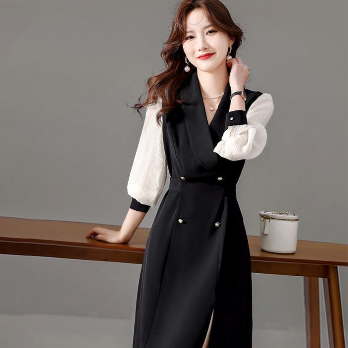 Titikong 여성 정장원피스 일체형 플리츠 허리 조임 출퇴근 빅사이즈 롱 오피스룩