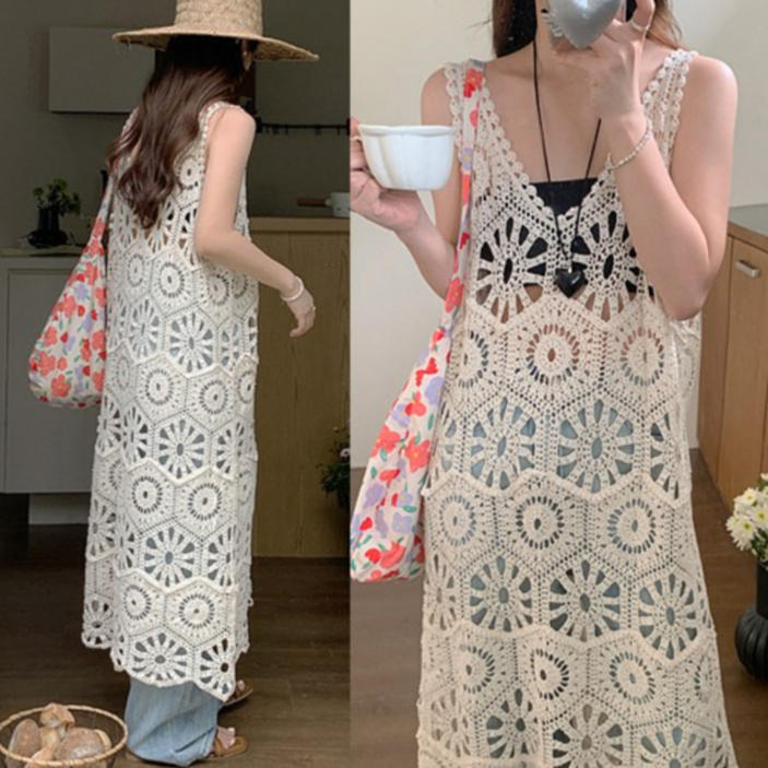 [엔젤D] 여성 허니 뜨개 레이스 펀칭 레이어드 롱 뷔스티에 니트 원피스