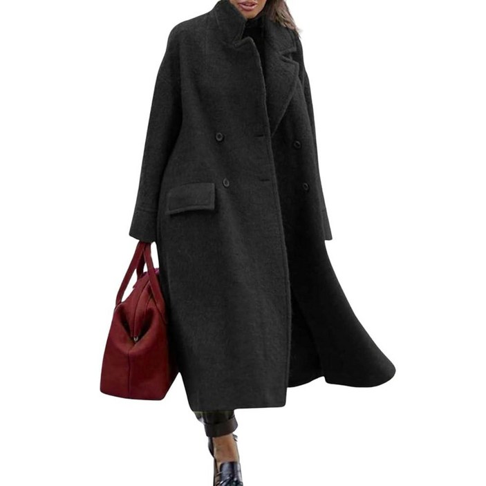 Utcoco 여성용 롱 울 코트 더블 브레스트 피 노치 라펠 트렌치 오버코트, 블랙.