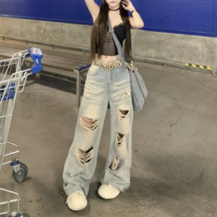 찢청 와이드 데님팬츠 여성 여름 편안한 데일리 캐주얼 워싱