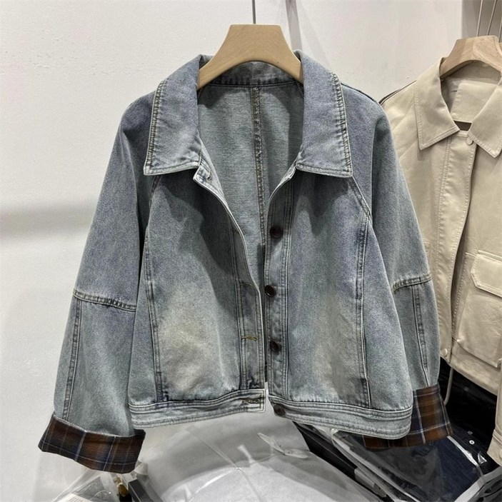 COSYEVNO 여성 카라넥 청자켓 빈티지 루즈핏 접합 체크 긴소매 봄가을 숏 재킷