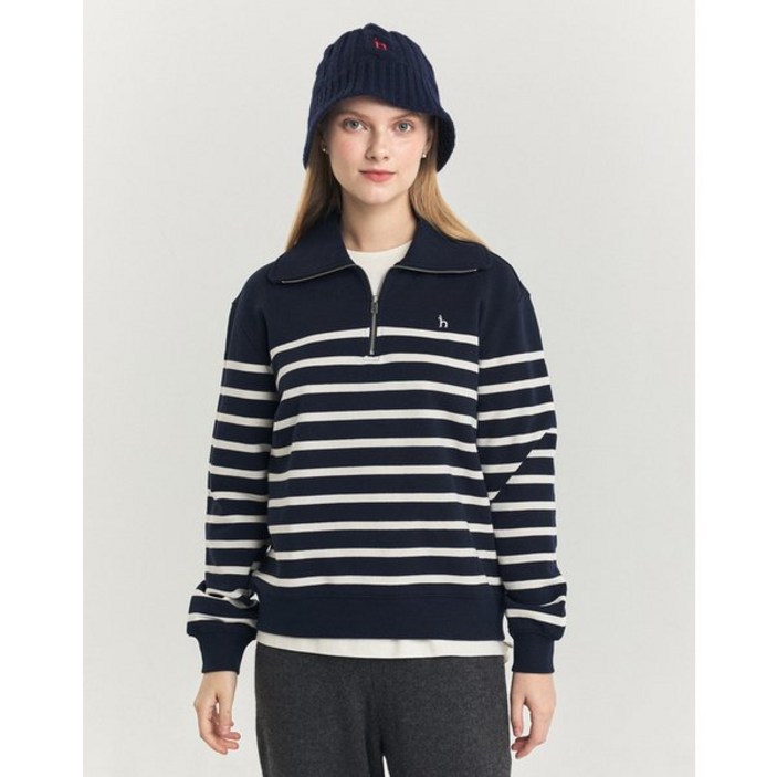 헤지스레이디스 [24FW] [면100%] 네이비 스트라이프 루즈핏 하프집업 맨투맨 티셔츠 WSTS4D802N2 2467863