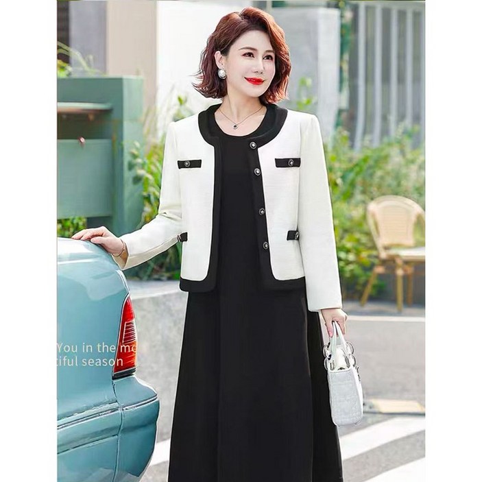 패션 엄마복 하객룩 세트 빅사이즈 봄 가을 중년 여성 원피스 + 트위드 자켓 투피스  YJW