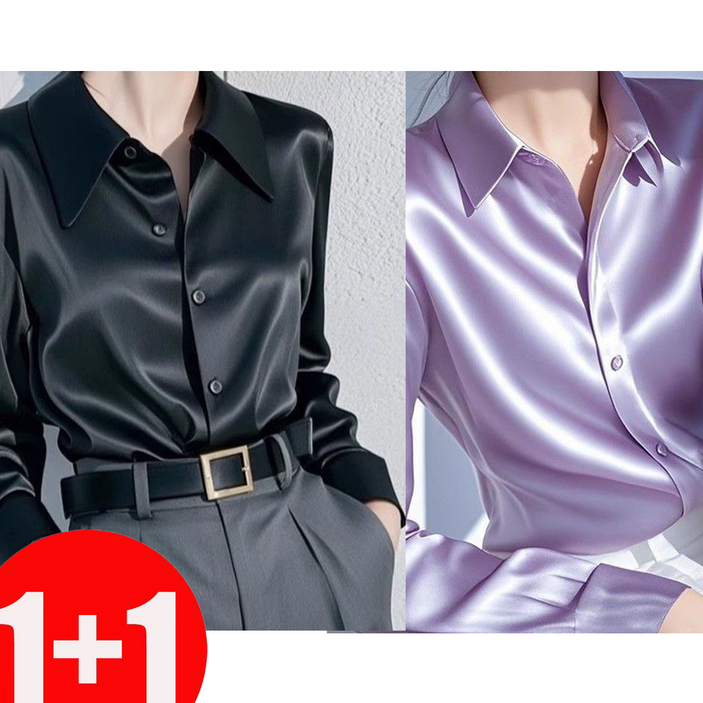 지고다그 1+1 여성 새틴 실크 블라우스 긴팔 광택 셔츠 우아한 오피스룩  SX68461