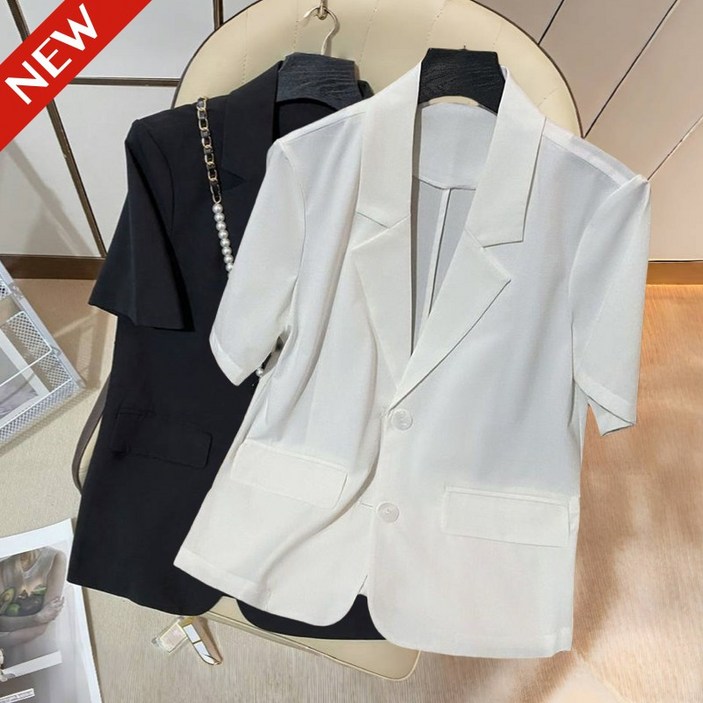 (25년 신상) 150kg까지 빅사이즈 여성 얇은 정장 오피스룩 코트 반팔 자켓 여름 추천 루즈핏 아이스 고급 로엠 오버핏 양복 상의 큰옷 블랙 심플 쿨 4xl 캐주얼 여자 잠바