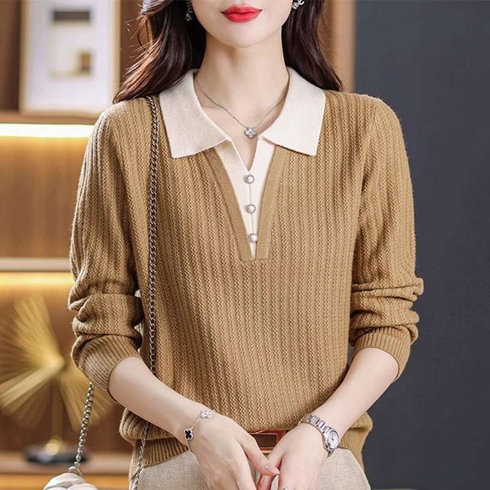 Gradle 이쁜 여성 페이크 투피스 카라넥 긴팔 니트티셔츠 봄가을 투인원 니트티 상의 스웨터 엄마옷