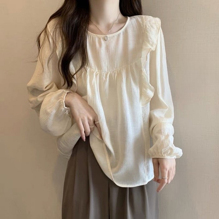 해피유통 여성 가을 주름 둥근넥 긴팔 블라우스 귀여운 프릴 디자인 XG24