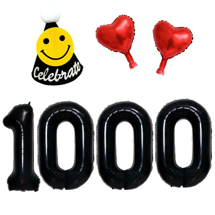 쏙쏙마켓 1000일 기념 풍선세트 천일 숫자 하트풍선 파티햇 세트, 블랙 1000일 파티햇세트, 1세트 쏙쏙마켓 1000일 기념 풍선세트 천일 숫자 하트풍선 파티햇 세트, 블랙 1000일 파티햇세트, 1세트