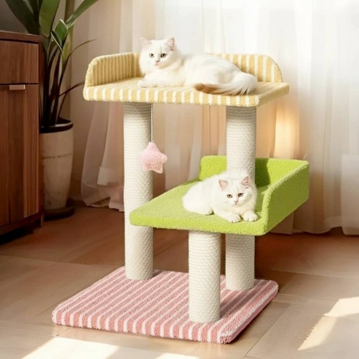 Tinduo 고양이 캣타워 3단 캔디 컬러 + 넓은 안전 펜스 플랫폼 + 면실 감김 스크래쳐 + 숨숨집, 1개, 3단 캣타워