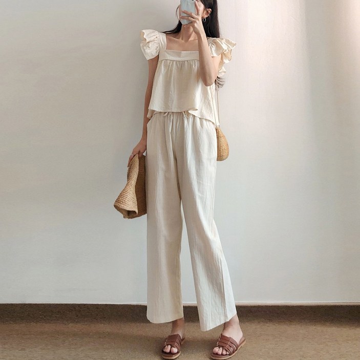 요시아나 당일발송 베니테르 린넨 프릴 날개 나시 블라우스와 롱팬츠 투피스 세트 2컬러