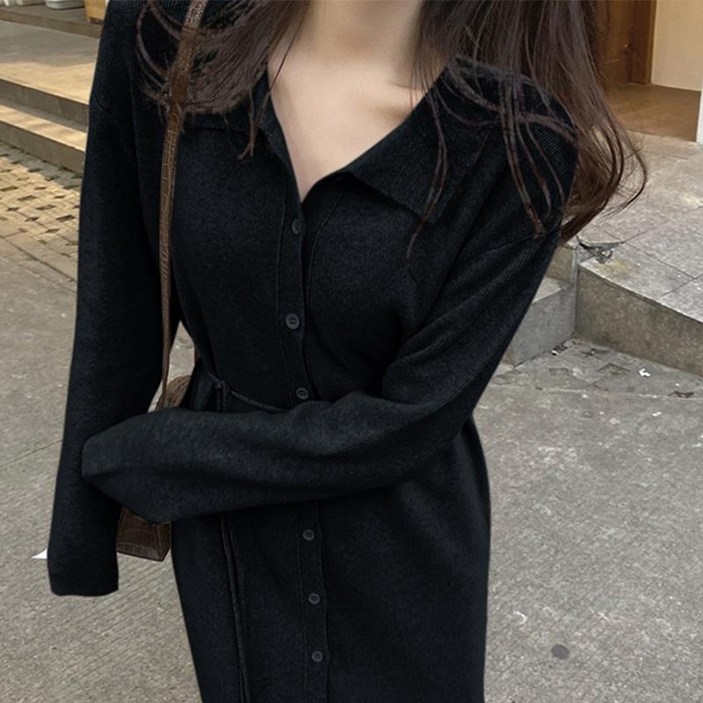 아이엠몽 여성 일자핏 카라넥 니트 스트랩 롱 원피스 네트라