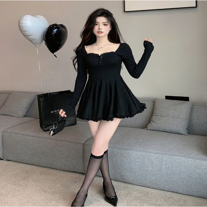 마리하우스 프릴 A라인 긴팔 원피스