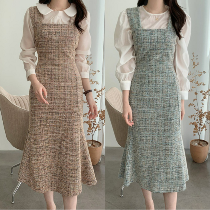 트위드 뷔스티에 머메이드 롱 원피스 여성 여자 민소매 드레스 핑크 그린