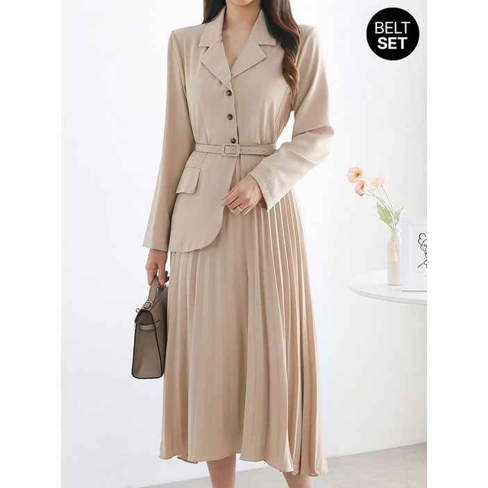 모리스커밍홈 테일러드카라 플리츠 벨티드 원피스 M2602OP606A