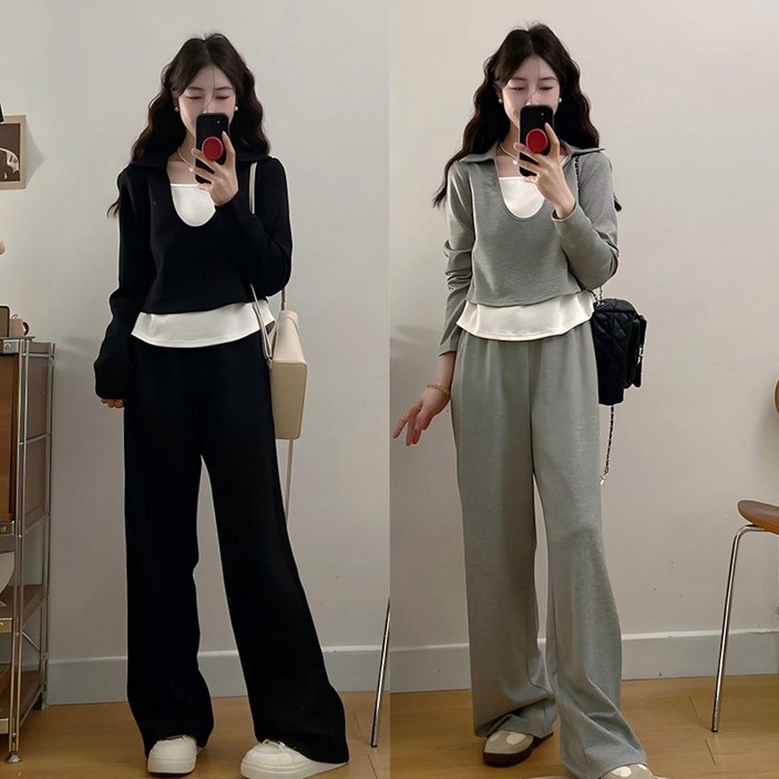 [웨일쓰]여성 가을 니트 투피스 세트 페이크 레이어드 긴팔 상의 밴딩 와이드 팬츠 데일리룩 세트업