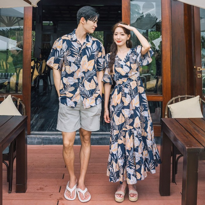 헤링본 커플 트로피컬 하와이안 반팔 셔츠 롱 원피스 세트 시밀러룩 HI186 NI102