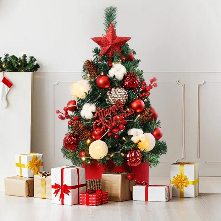 화려하고 풍성한 미니 크리스마스트리, 원터치 조작, 받침대 포함, LED 조명, 다양한 정교한 장식품이 함께 제공되어 거실, 식당, 호텔 등 다양한 장소에 적합합니다,120cm, 레드 와인 세트