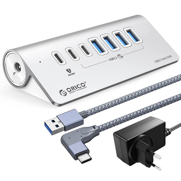오리코 애플 맥북 프로 USB3.2 Gen2 10Gbps PD60W유전원 알루미늄 7포트 USB허브 M3U4C3G2, Silver, M3U4C3G2, 1개