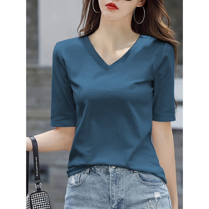 신상 여름 5부 반팔 브이넥 루즈핏 캐주얼 티 상의