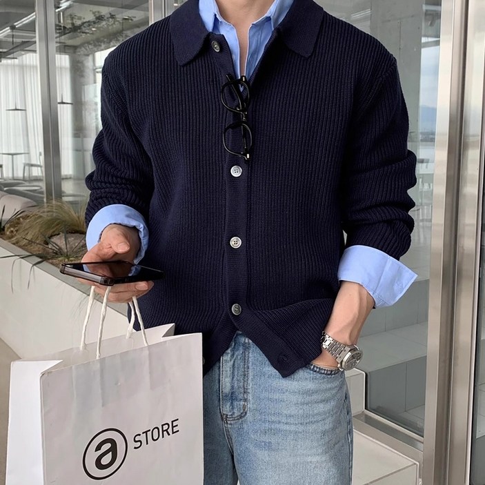 ANYOU 남성용 니트 긴팔 루즈핏 칼라 가디건 패션 코트