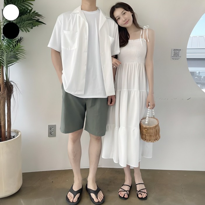 여리진 여성용 나시 롱원피스 + 반팔 카라셔츠 여름 커플룩 시밀러룩 세트 휴가룩 신혼여행 룩 남녀개별구매