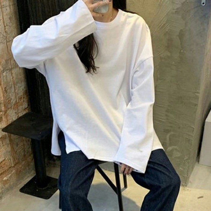 후암마켓 여자 오버핏 라운드 밑단 옆트임 기본 스판 긴팔티