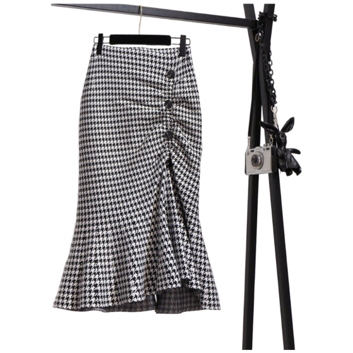 ORZQU 여성 머메이드 체크 스커트 빅사이즈 슬림핏 뒷트임 미디 스커트 M3XL