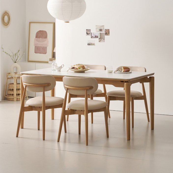 폴인퍼니 시에나 포세린 세라믹 식탁 1400 + 의자 4p 세트 4인용 방문설치, 내추럴(프레임), 화이트(상판), 아이보리(의자), 일반의자 4