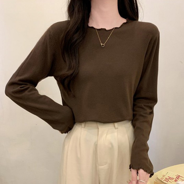 페이릿 여성용 소프트 베이직 프릴 웨이브 니트 티셔츠