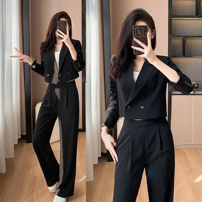 SAHINER 봄가을 여성 크롭 오피스 수트 세트 와이드팬츠 LWATZ11