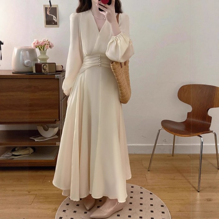 쁘띠꼬모 여성 쉬폰 브이넥 맥시 드레스 퍼프소매 핀턱버튼 HLD5100916