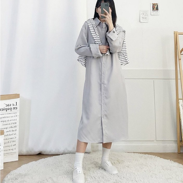 릴리제인 여성용 루즈핏 사이드 포켓 카라 셔츠 롱원피스