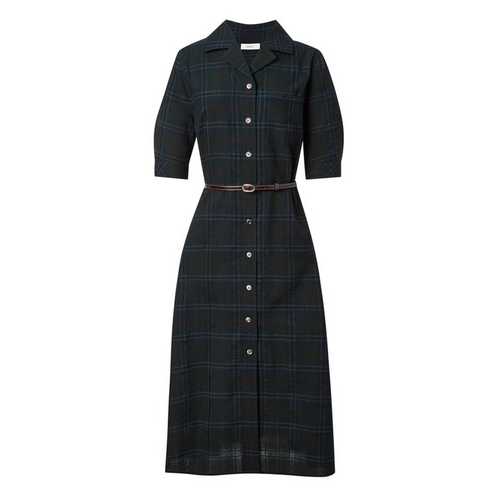 헤지스레이디스 울 다크그린 체크 플레어 반소매 원피스 HSDR4C701E3