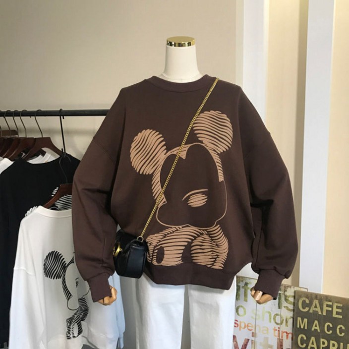 2023년 가을 신상 라인 미키 프린트 긴팔 스웨트셔츠 여성 루즈핏 캐주얼 대형 라운드넥 만화 여성 상의