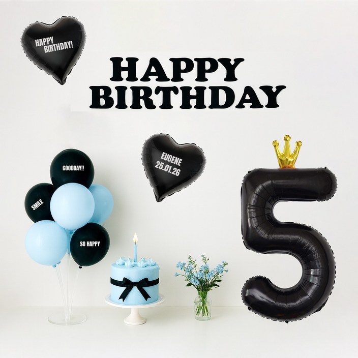 해피제이니 시크블랙 가랜드 대형 왕관숫자 풍선 생일 파티용품 세트 자유레터링 시트지 3장, 1세트, 블루 블랙숫자5