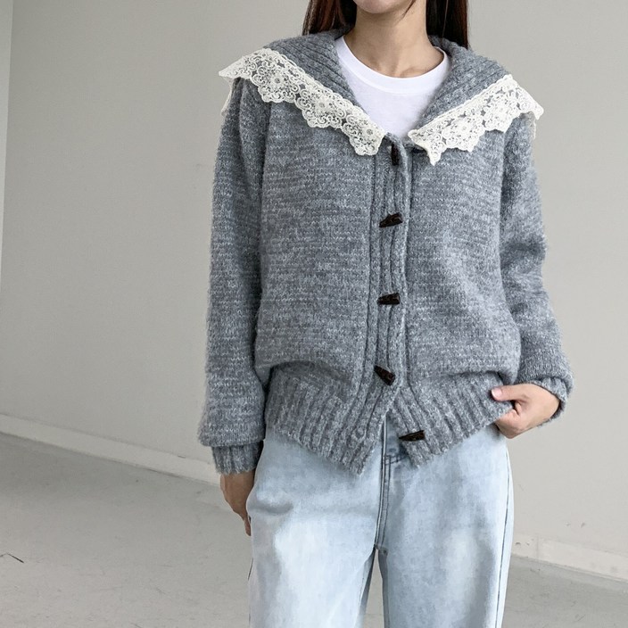 행복여 레이스 세라 카라 떡볶이 단추 니트 가디건