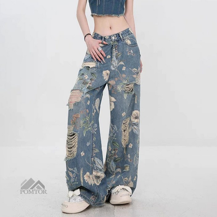 POMTOR 여성 디스트로이드 청 팬츠 프린트 루즈핏 청바지
