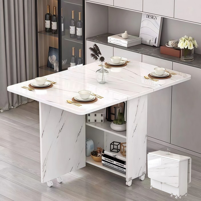 YAPOGI 가정용 다기능 확장형 수납 가능 대리석 무늬 우드 식탁 모조 세라믹식탁 접이식 식탁 수동  설치