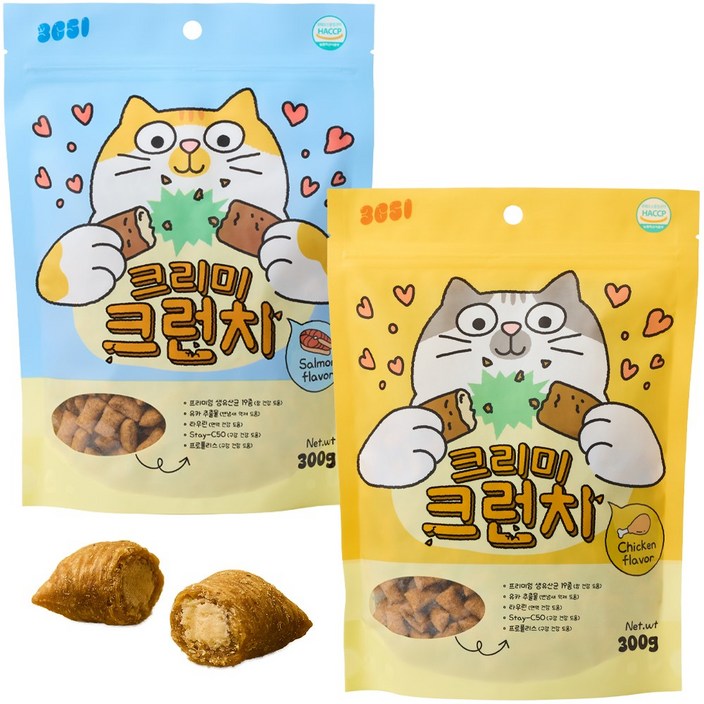 3651 크리미크런치 이빨과자 고양이 간식 겉바속촉, 2개, 300g, 닭고기+연어